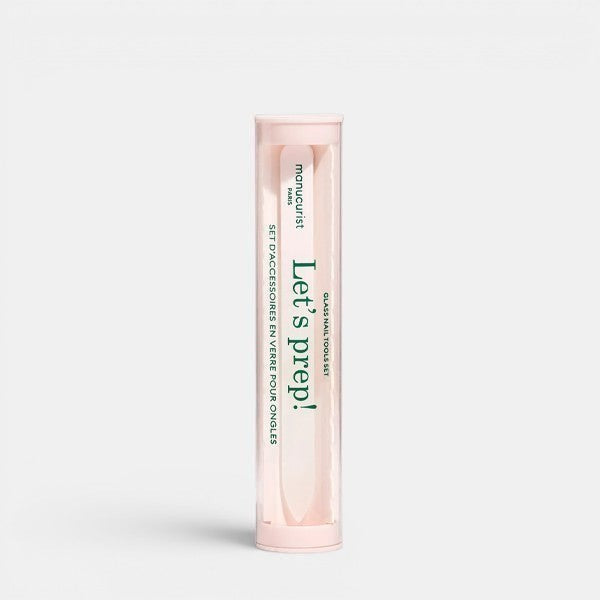Manucurist “Let’s Prep” glass nail tool set in pink cylindrical case, centered on a light background with soft shadow.