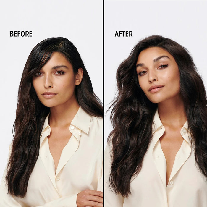 Shop Rescue Spa Oribe Gold Lust Dry Shampoo before and after results showing voluminous, refreshed dark hair on a model.