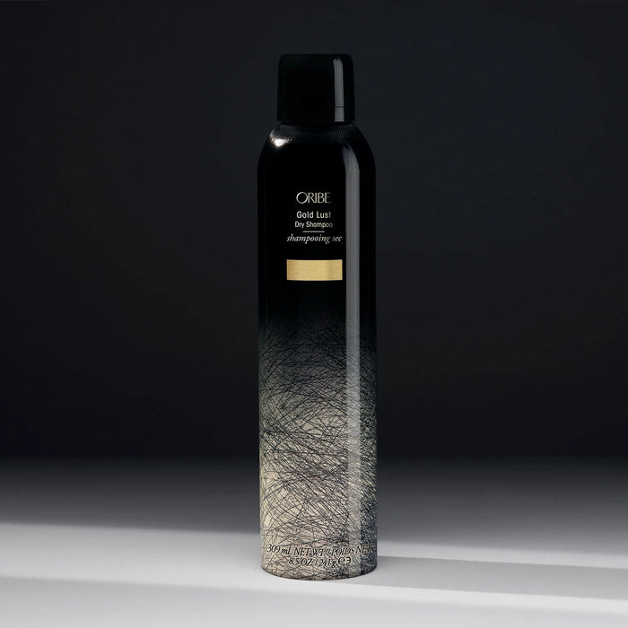 Shop Rescue Spa Oribe Gold Lust Dry Shampoo in a black and white gradient aerosol bottle with gold branding.