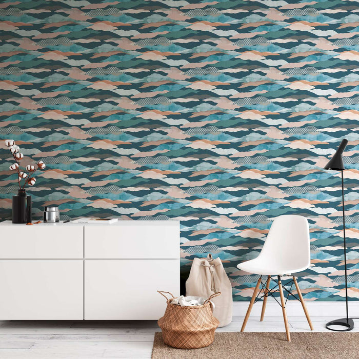 Graphic Wave and Palm Wallpaper - Blue/Green/Pink