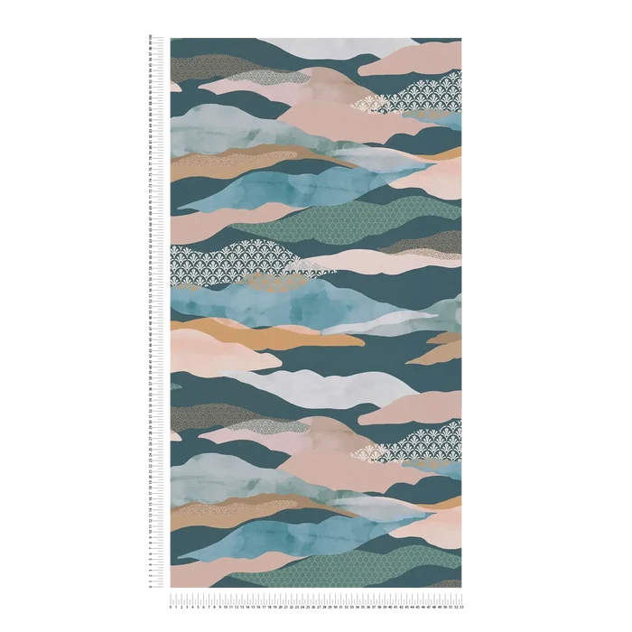 Graphic Wave and Palm Wallpaper - Blue/Green/Pink