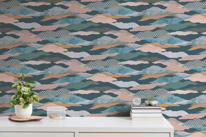 Graphic Wave and Palm Wallpaper - Blue/Green/Pink
