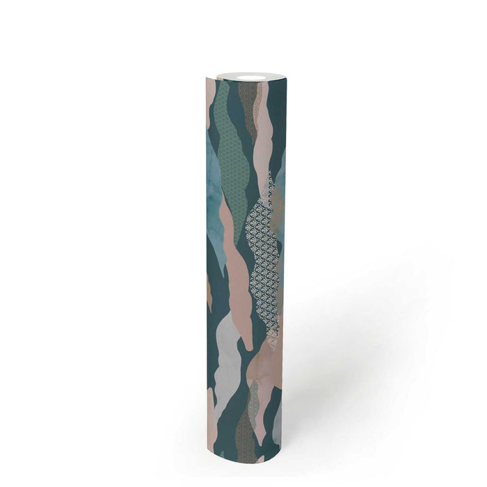 Graphic Wave and Palm Wallpaper - Blue/Green/Pink