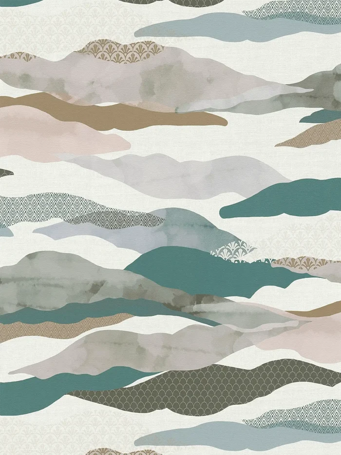 Graphic Wave and Palm Wallpaper - Blue/Grey/White