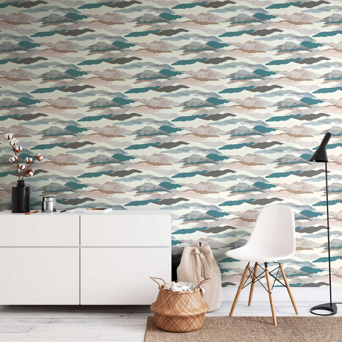 Graphic Wave and Palm Wallpaper - Blue/Grey/White