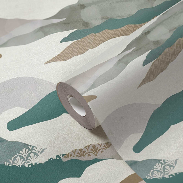 Graphic Wave and Palm Wallpaper - Blue/Grey/White