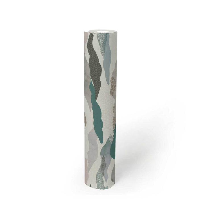 Graphic Wave and Palm Wallpaper - Blue/Grey/White
