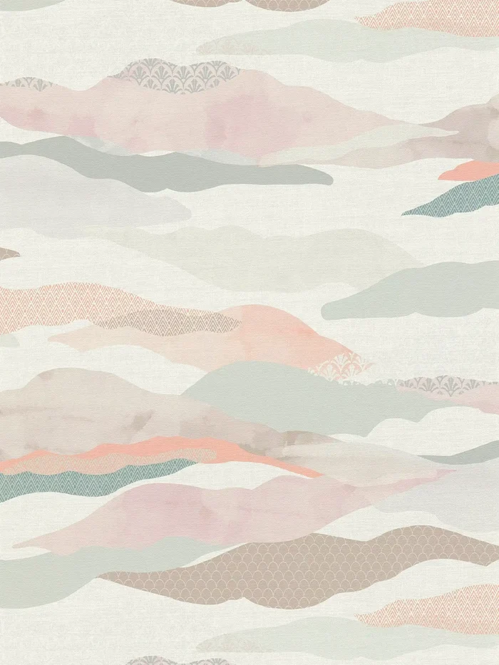 Graphic Wave and Palm Wallpaper - Pink/Blue/White