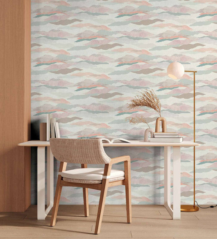 Graphic Wave and Palm Wallpaper - Pink/Blue/White