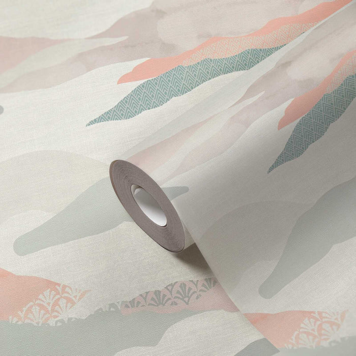Graphic Wave and Palm Wallpaper - Pink/Blue/White
