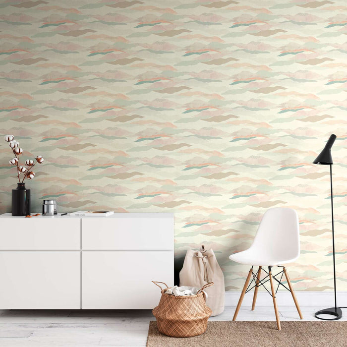 Graphic Wave and Palm Wallpaper - Pink/Blue/White