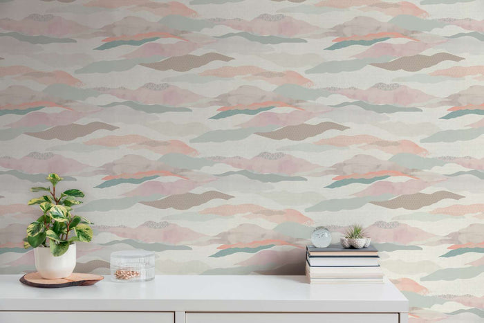 Graphic Wave and Palm Wallpaper - Pink/Blue/White
