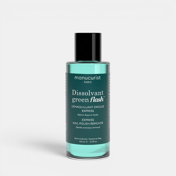 Shop Rescue Spa Green Flash acetone-free nail polish remover in a 100ml bottle with a teal liquid formula.