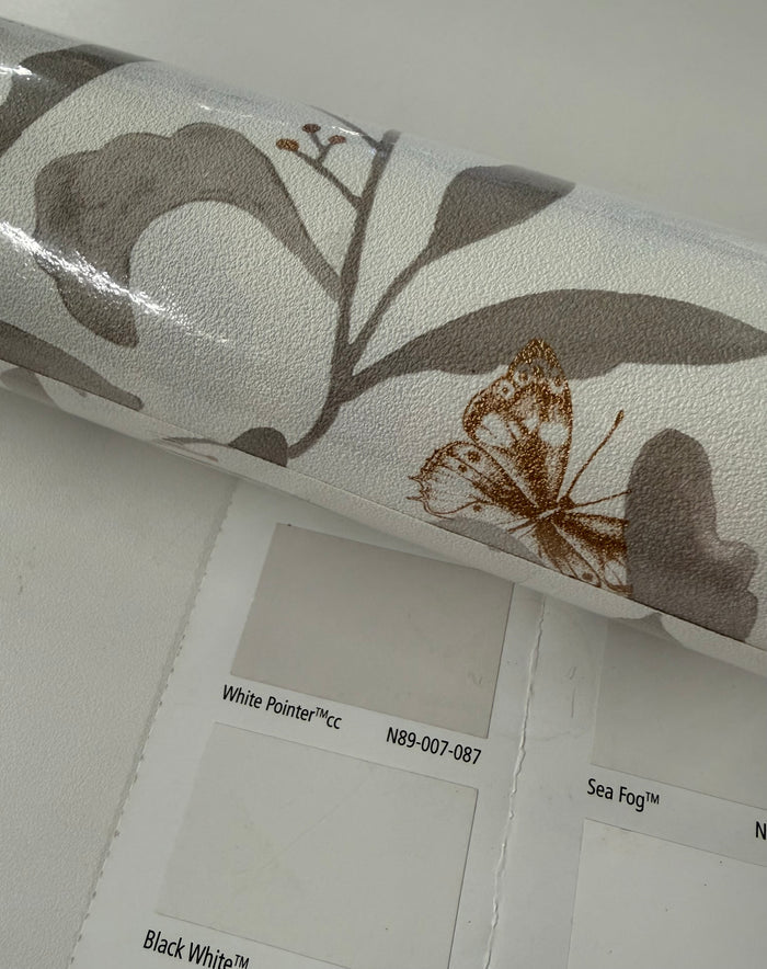Green Life Sweet Butterfly Vinyl Wallpaper - Taupe Gold - Last 25 Rolls