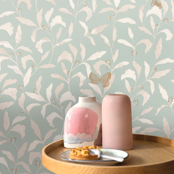 Green Life Sweet Butterfly Wallpaper - Sage Gold - Discontinuing