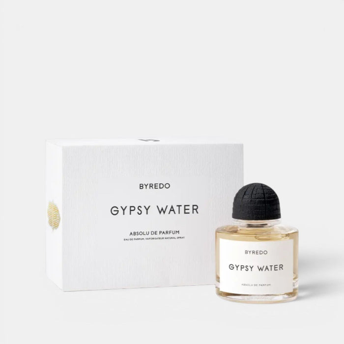 Shop Rescue Spa BYREDO Gypsy Water Absolu de Parfum bottle with black cap and white box. Amber woody fragrance.