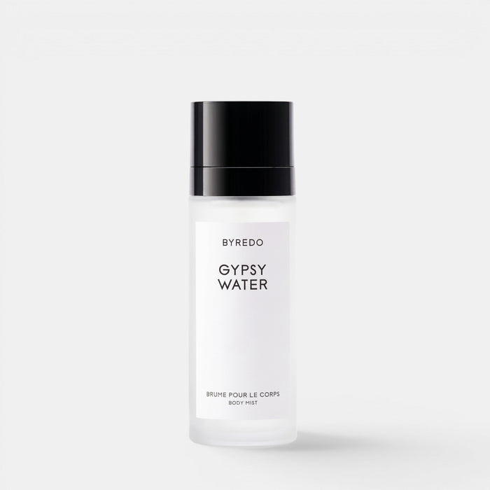 Shop Rescue Spa Byredo Gypsy Water body mist in a frosted glass bottle with a black cap on a white background.