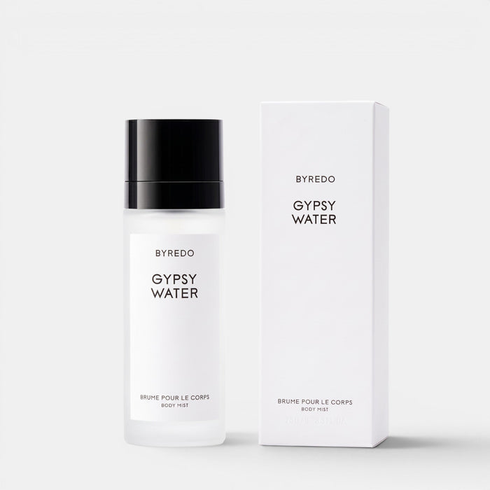 Shop Rescue Spa Byredo Gypsy Water body mist bottle and white packaging box on a clean white background.