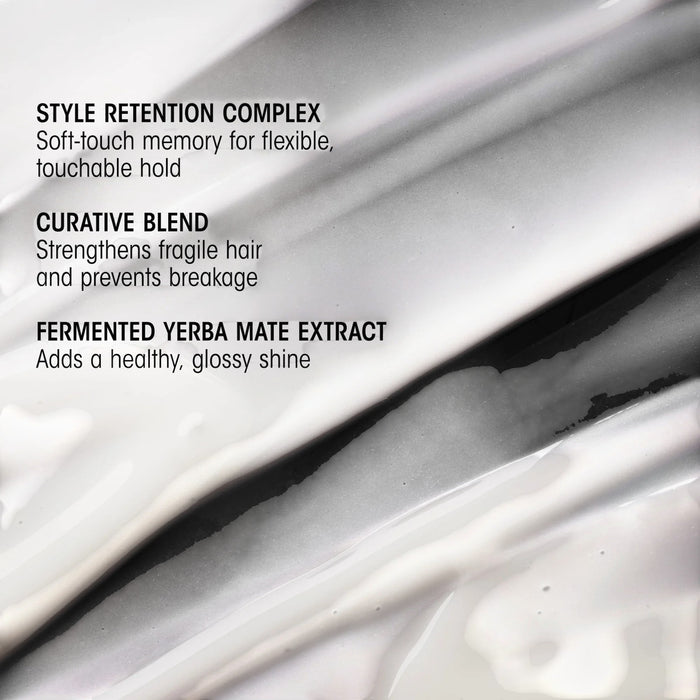 Shop Rescue Spa Hair Alchemy Heatless Styling Balm texture showing smooth white cream with ingredient benefits text