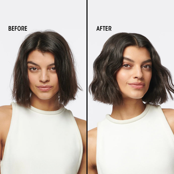 Shop Rescue Spa Hair Alchemy Heatless Styling Balm before and after results on a woman with wavy hair