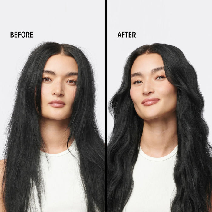 Shop Rescue Spa before and after comparison of model with straight frizzy hair versus defined heatless waves