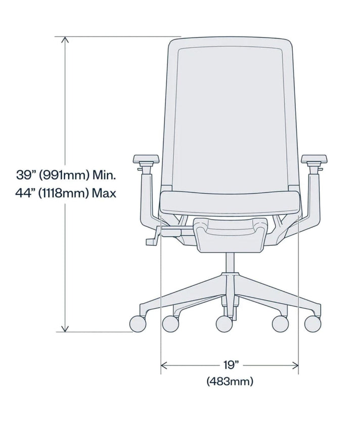 Diagram of refurbished Haworth Very chair with adjustable height and seat width dimensions