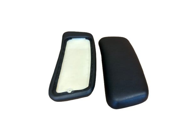 Replacement black arm pads for Haworth Zody office chair, set of two, on white background