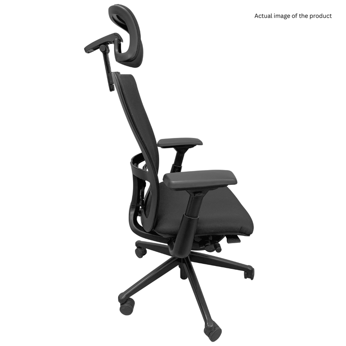 Refurbished Haworth Zody office chair with OLS headrest, black, ergonomic, on white background