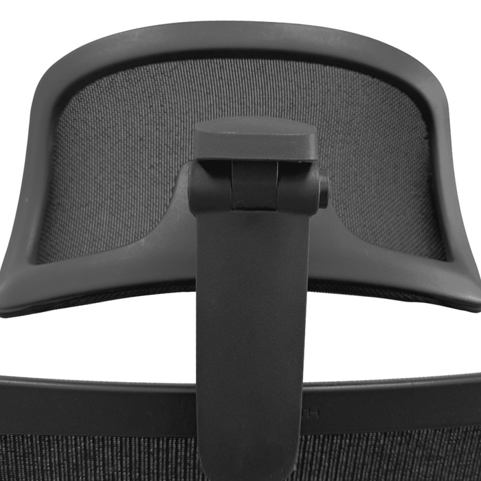 Close-up of Haworth Zody office chair headrest in black mesh from Office Logix Shop