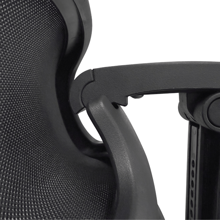 Close-up of black Haworth Zody chair mesh back and adjustable headrest, Office Logix Shop