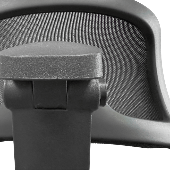 Haworth Zody office chair headrest close-up, black mesh back, ergonomic accessory