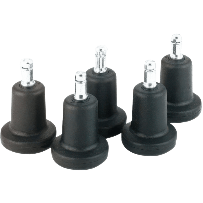 Set of 5 black high-profile bell glides for Herman Miller office chairs on white background