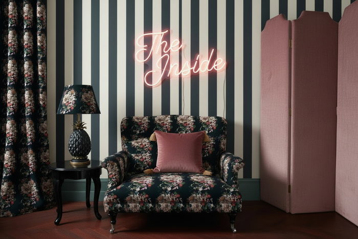 Room shot with dusky pink tasselled cushions and glossy black side table