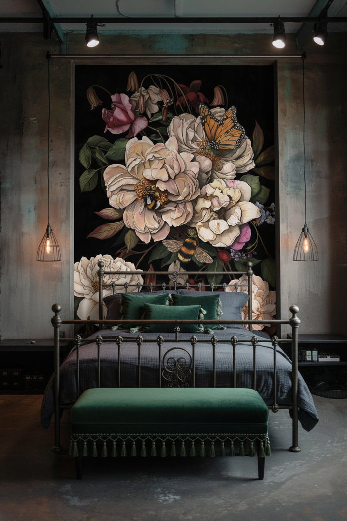Moody bedroom with actual PAM-MAK wallpaper pattern clearly visible
