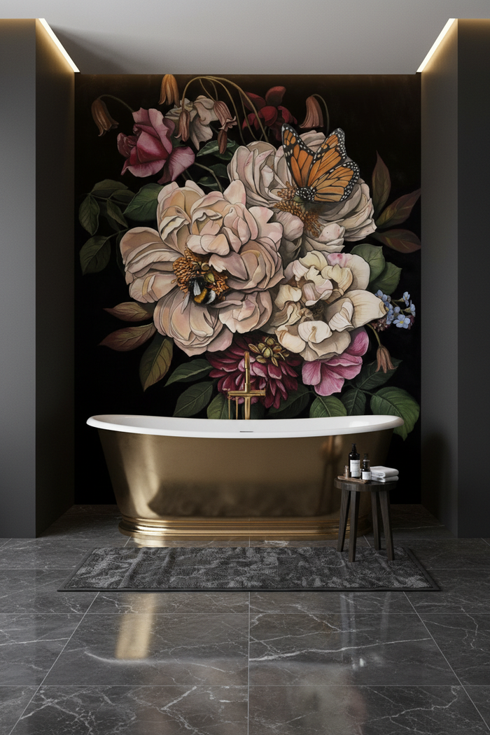 Luxury bathroom with gold bathtub, black side walls, and PAM-MAK wallpaper on back wall