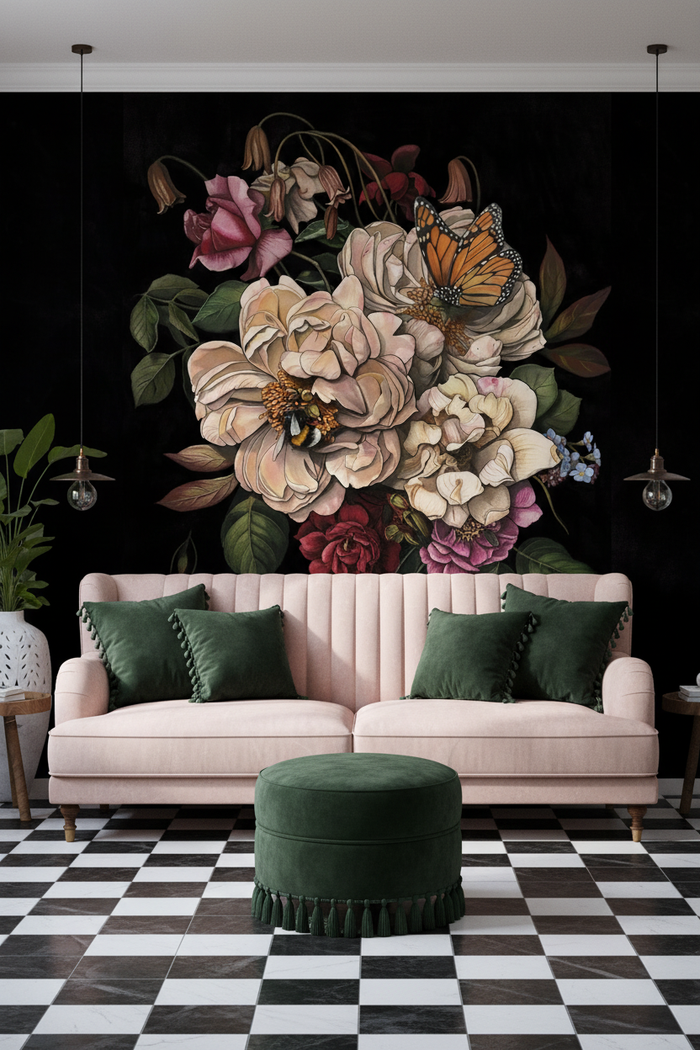 Moody room with light pink couch, checkerboard floor, and PAM-MAK wallpaper