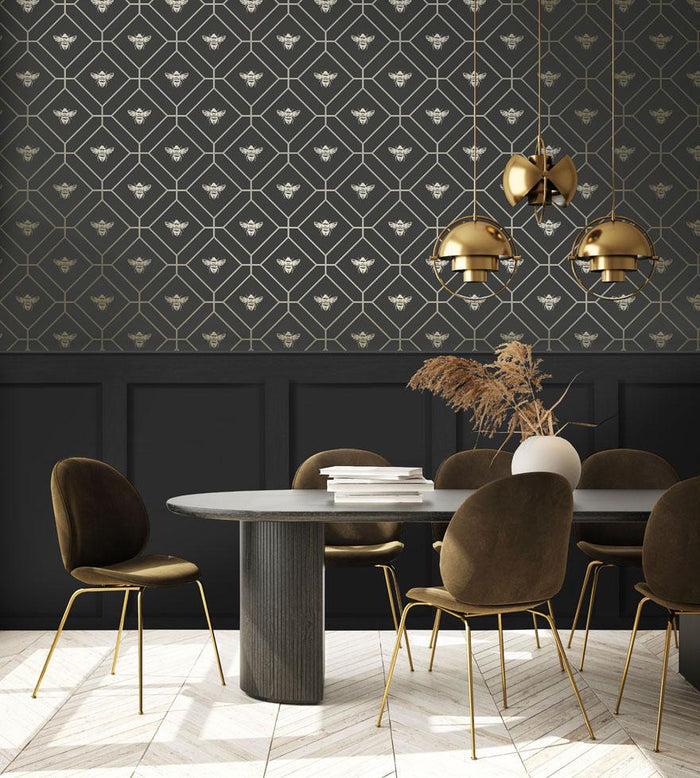 Honeycomb Bee Geometric Metallic Wallpaper – Black/Charcoal