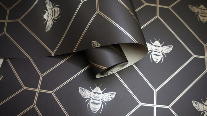 Honeycomb Bee Geometric Metallic Wallpaper – Black/Charcoal
