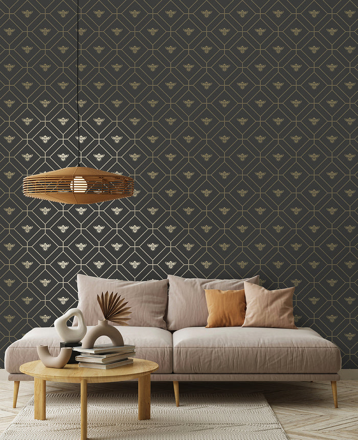 Honeycomb Bee Geometric Metallic Wallpaper – Black/Charcoal