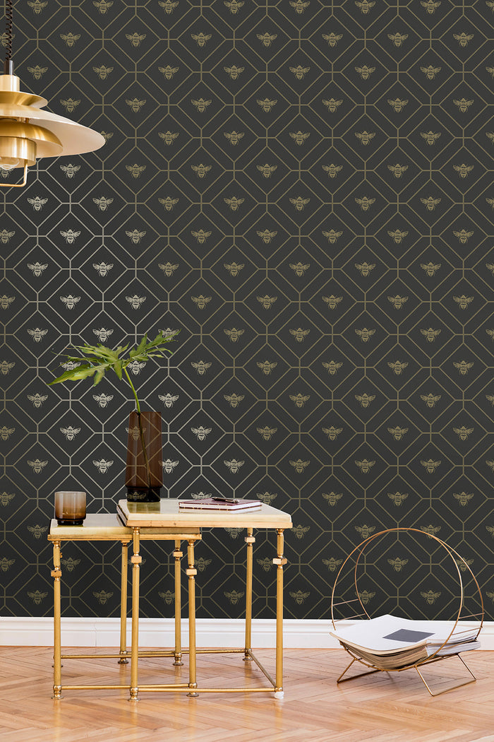 Honeycomb Bee Geometric Metallic Wallpaper – Black/Charcoal