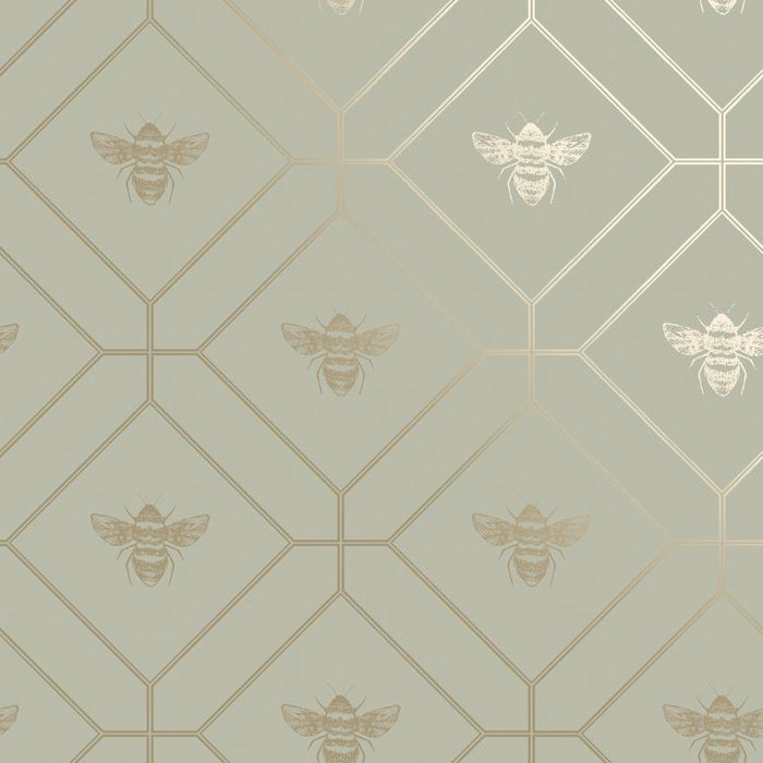 Honeycomb Bee Geometric Metallic Wallpaper – Sage Green