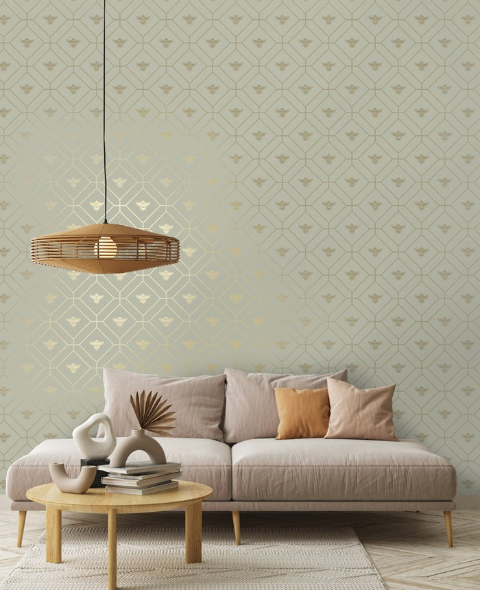 Honeycomb Bee Geometric Metallic Wallpaper – Sage Green