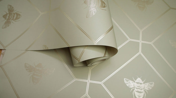 Honeycomb Bee Geometric Metallic Wallpaper – Sage Green