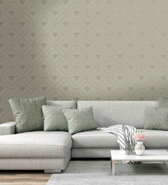 Honeycomb Bee Geometric Metallic Wallpaper – Sage Green