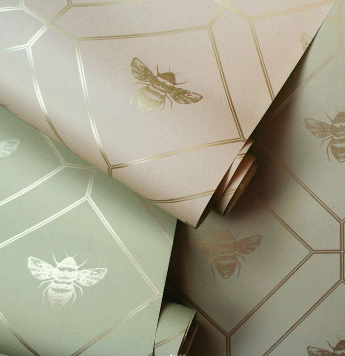 Honeycomb Bee Geometric Metallic Wallpaper – Sage Green