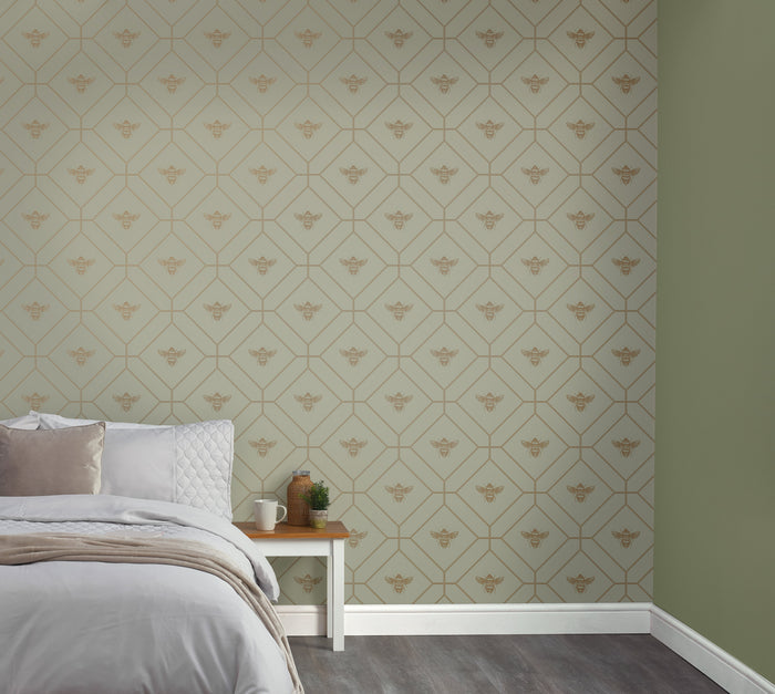 Honeycomb Bee Geometric Metallic Wallpaper – Sage Green