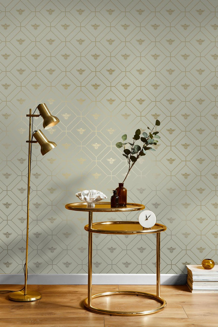 Honeycomb Bee Geometric Metallic Wallpaper – Sage Green