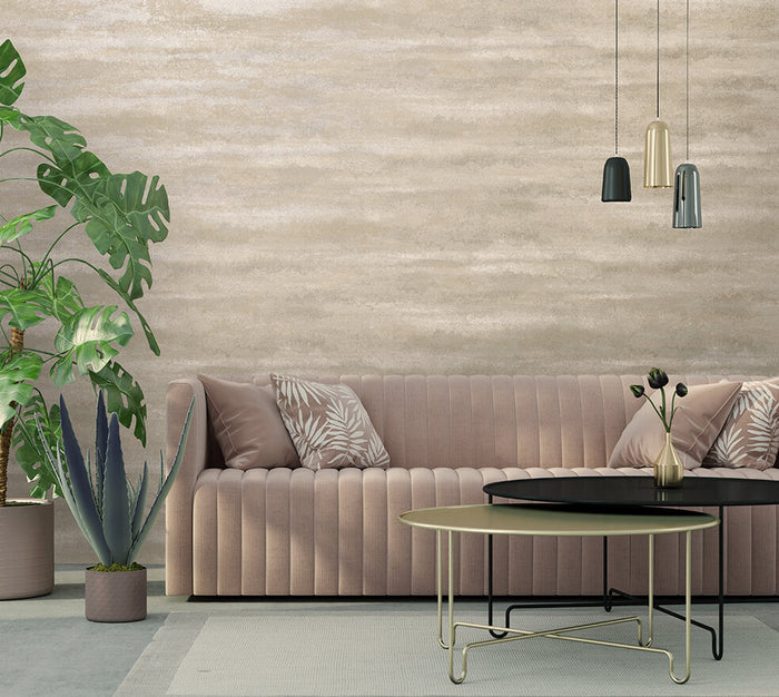 Horizon Glass Bead wallpaper in neutral on a feature wall with a champagne-gold shimmer