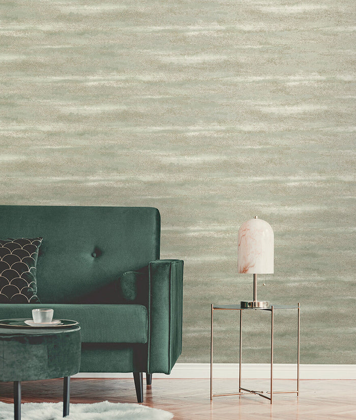 Horizon Glass Bead wallpaper in sage on a feature wall, a restful green texture