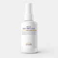 White bottle of Huile Sous-Ombilicale on a white background. Spray bottle of toning oil designed to reduce stomach bloating and puffiness, enriched with essential oils like cedarwood and juniper, placed on a clean background.